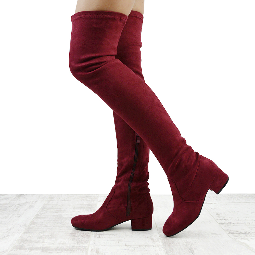 red thigh high boots low heel